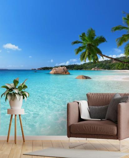 mural de papel pintado de playa azul personalizable llamado Anse Lazio Beach Seychelles para oficinas