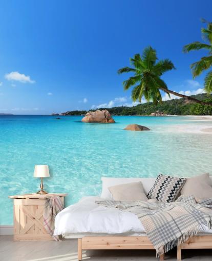 mural de papel pintado de playa azul personalizable llamado Anse Lazio Beach Seychelles para oficinas