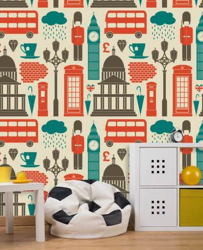 Papel pintado Londres azul y rojo Papel pintado Londres azul y rojo