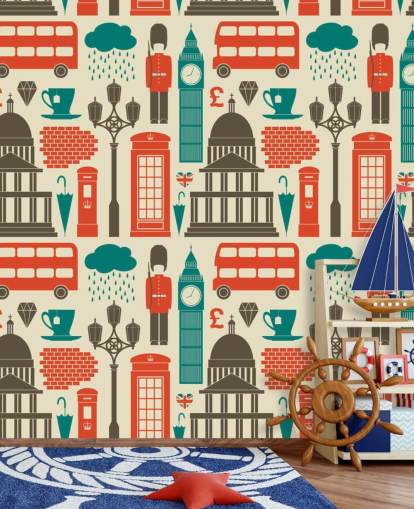 Blauw en rood London behang Blauw en rood London behang
