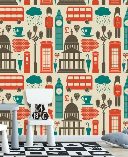 Blauw en rood London behang