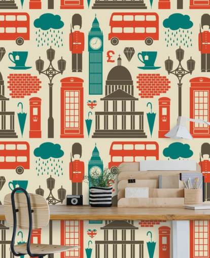 Papel pintado Londres azul y rojo Papel pintado Londres azul y rojo