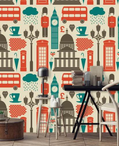 Papel pintado Londres azul y rojo Papel pintado Londres azul y rojo