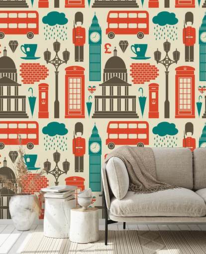 Blauw en rood London behang Blauw en rood London behang