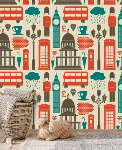Blauw en rood London behang Blauw en rood London behang
