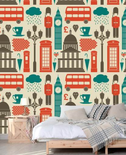 Papel pintado Londres azul y rojo Papel pintado Londres azul y rojo