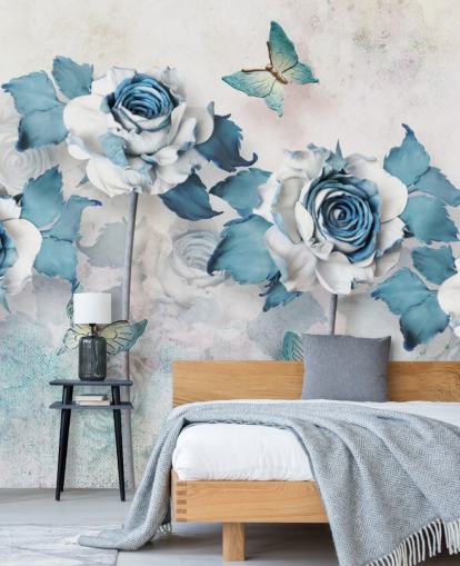 Decorazione murale con rose e farfalle blu pastello