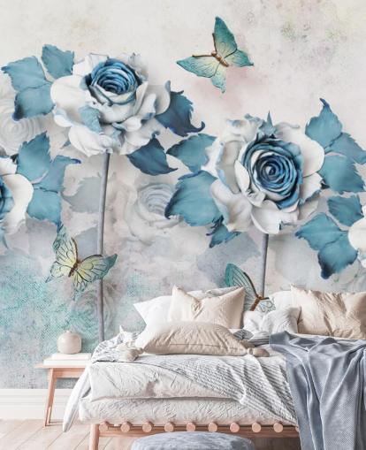 Mural de pared Rosas y mariposas azules pastel