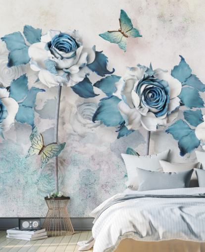 Pastelblauwe rozen en vlinders muurschildering
