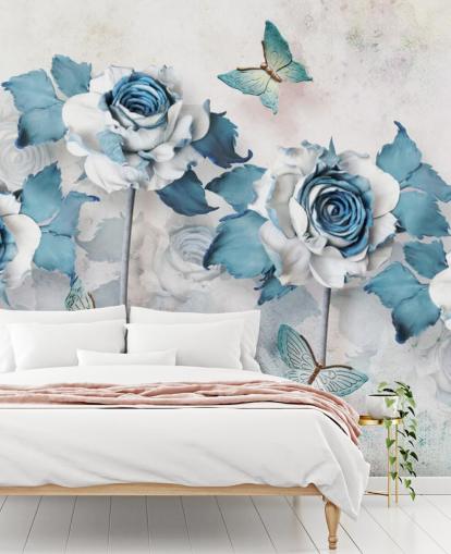 Pastelblauwe rozen en vlinders muurschildering
