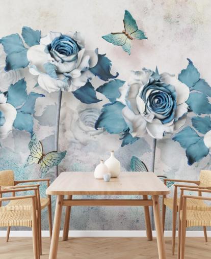 Pastellblaue Rosen und Schmetterlinge Fototapete