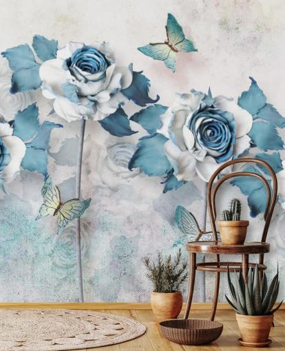Mural de pared Rosas y mariposas azules pastel Mural de pared Rosas y mariposas azules pastel