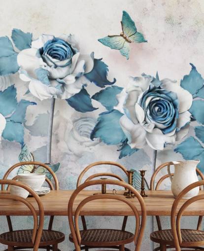Mural de pared Rosas y mariposas azules pastel Mural de pared Rosas y mariposas azules pastel