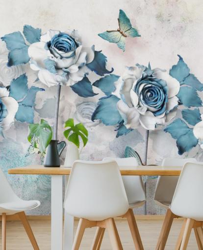 Pastel Blue Roses and Butterflies Wall Mural