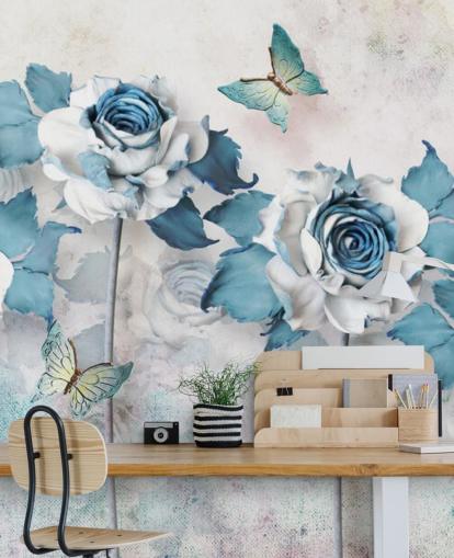 Pastel Blue Roses and Butterflies Wall Mural Pastel Blue Roses and Butterflies Wall Mural