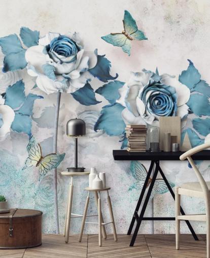 Pastel Blue Roses and Butterflies Wall Mural