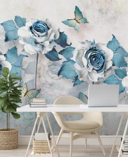 Papier Peint Fresque Roses et Papillons Bleu Pastel