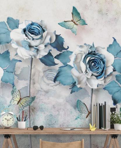 Pastel Blue Roses and Butterflies Wall Mural