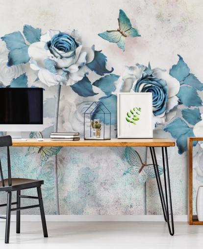 Pastel Blue Roses and Butterflies Wall Mural