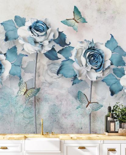 Decorazione murale con rose e farfalle blu pastello