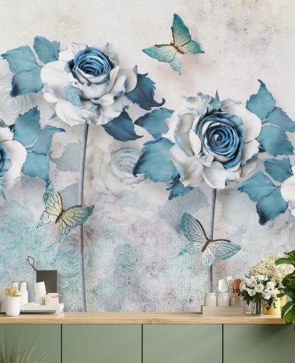 Mural de pared Rosas y mariposas azules pastel