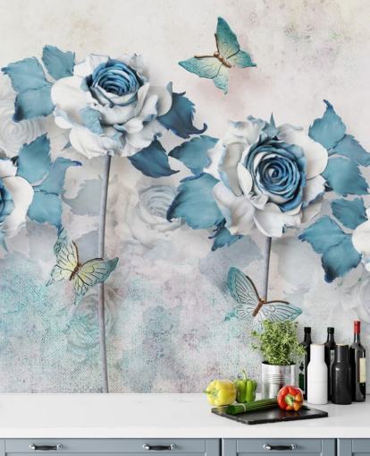 Pastellblaue Rosen und Schmetterlinge Fototapete