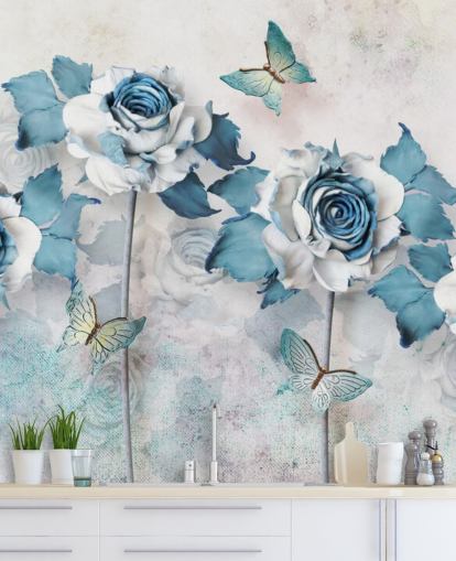 Mural de parede de rosas e borboletas azuis pastel