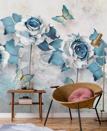 Pastel Blue Roses and Butterflies Wall Mural