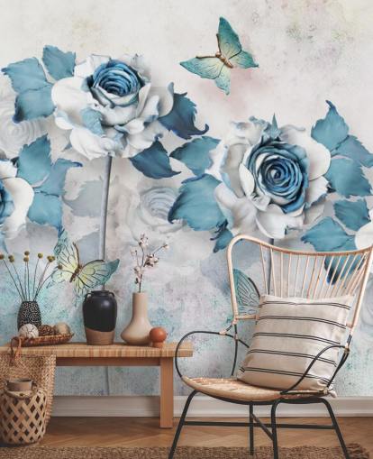 Mural de pared Rosas y mariposas azules pastel Mural de pared Rosas y mariposas azules pastel