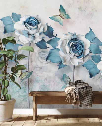 Decorazione murale con rose e farfalle blu pastello