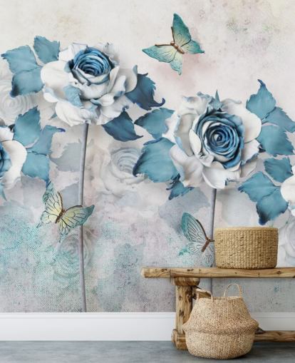 Pastel Blue Roses and Butterflies Wall Mural
