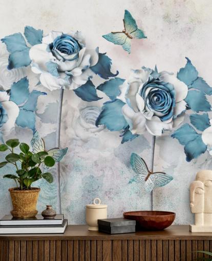 Pastellblå rosor och fjärilar väggmålning