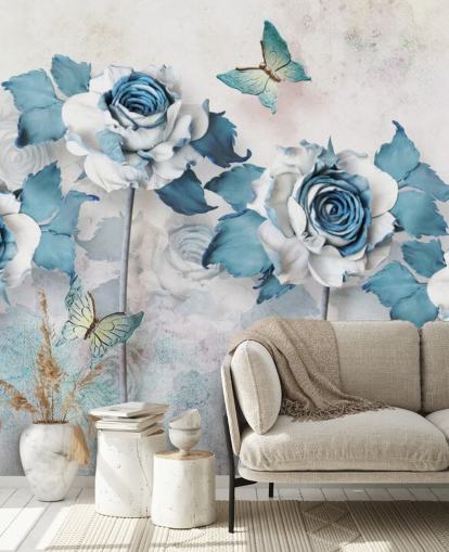 Decorazione murale con rose e farfalle blu pastello Decorazione murale con rose e farfalle blu pastello