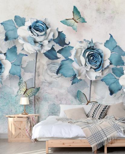 Pastel Blue Roses and Butterflies Wall Mural