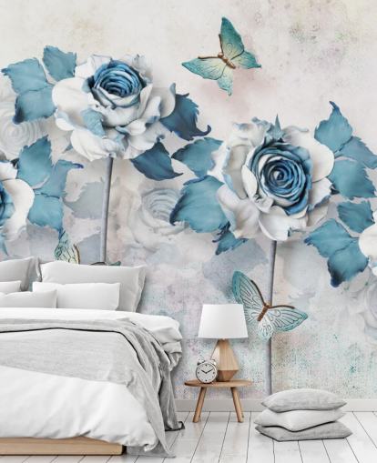 Decorazione murale con rose e farfalle blu pastello