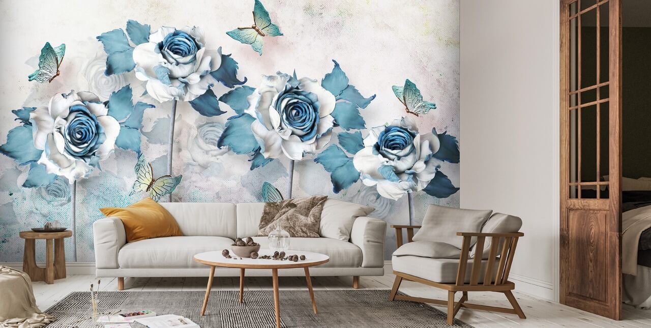 Blue Butterfly Roses Wall Mural Wallsauce AU