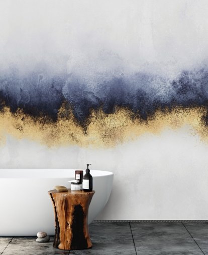 abstrakte Wandtapete in Marineblau, Gold und Weiß namens Blue Mist von Elisabeth Fredriksson für Schlafzimmer oder Wohnzimmer