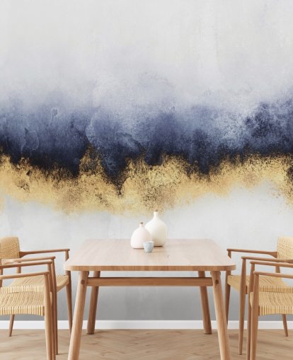marineblå, guld og hvid abstrakt tapetmaleri kaldet Blue Mist af Elisabeth Fredriksson til soveværelser eller stuer