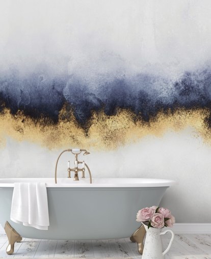 navy, gold and white abstract wallpaper mural called Blue Mist by Elisabeth Fredriksson for bedrooms or living rooms