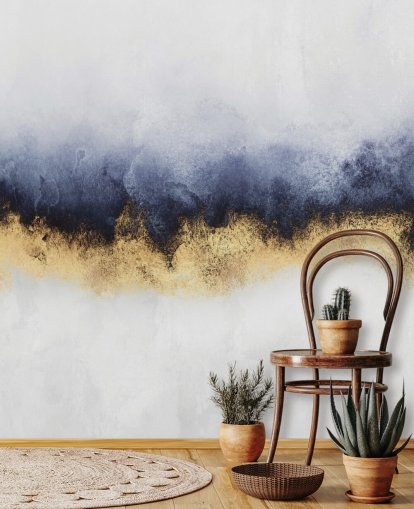 abstrakte Wandtapete in Marineblau, Gold und Weiß namens Blue Mist von Elisabeth Fredriksson für Schlafzimmer oder Wohnzimmer