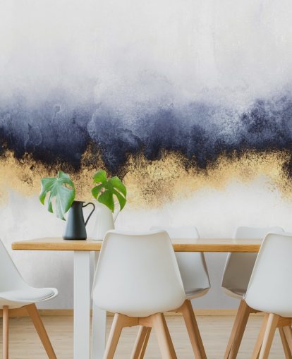 navy, gold and white abstract wallpaper mural called Blue Mist by Elisabeth Fredriksson for bedrooms or living rooms