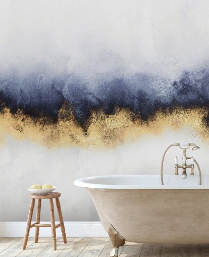 abstrakte Wandtapete in Marineblau, Gold und Weiß namens Blue Mist von Elisabeth Fredriksson für Schlafzimmer oder Wohnzimmer