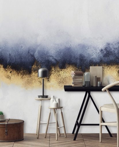 navy, gold and white abstract wallpaper mural called Blue Mist by Elisabeth Fredriksson for bedrooms or living rooms