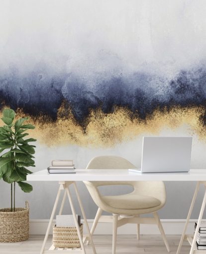 navy, gold and white abstract wallpaper mural called Blue Mist by Elisabeth Fredriksson for bedrooms or living rooms