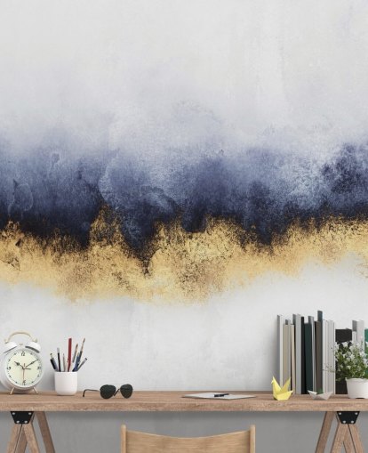 navy, gold and white abstract wallpaper mural called Blue Mist by Elisabeth Fredriksson for bedrooms or living rooms