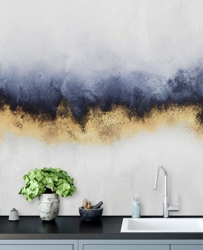 navy, gold and white abstract wallpaper mural called Blue Mist by Elisabeth Fredriksson for bedrooms or living rooms