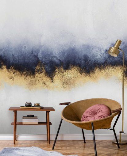 navy, gold and white abstract wallpaper mural called Blue Mist by Elisabeth Fredriksson for bedrooms or living rooms