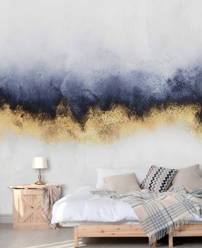 navy, gold and white abstract wallpaper mural called Blue Mist by Elisabeth Fredriksson for bedrooms or living rooms