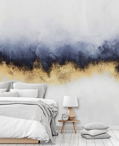 navy, gold and white abstract wallpaper mural called Blue Mist by Elisabeth Fredriksson for bedrooms or living rooms