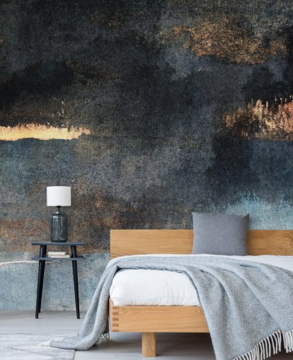 Personalisierbare Betontapete in Blau und Gold mit dem Titel Rain with Sun von Elizabeth Fredriksson für Schlafzimmer oder Badezimmer